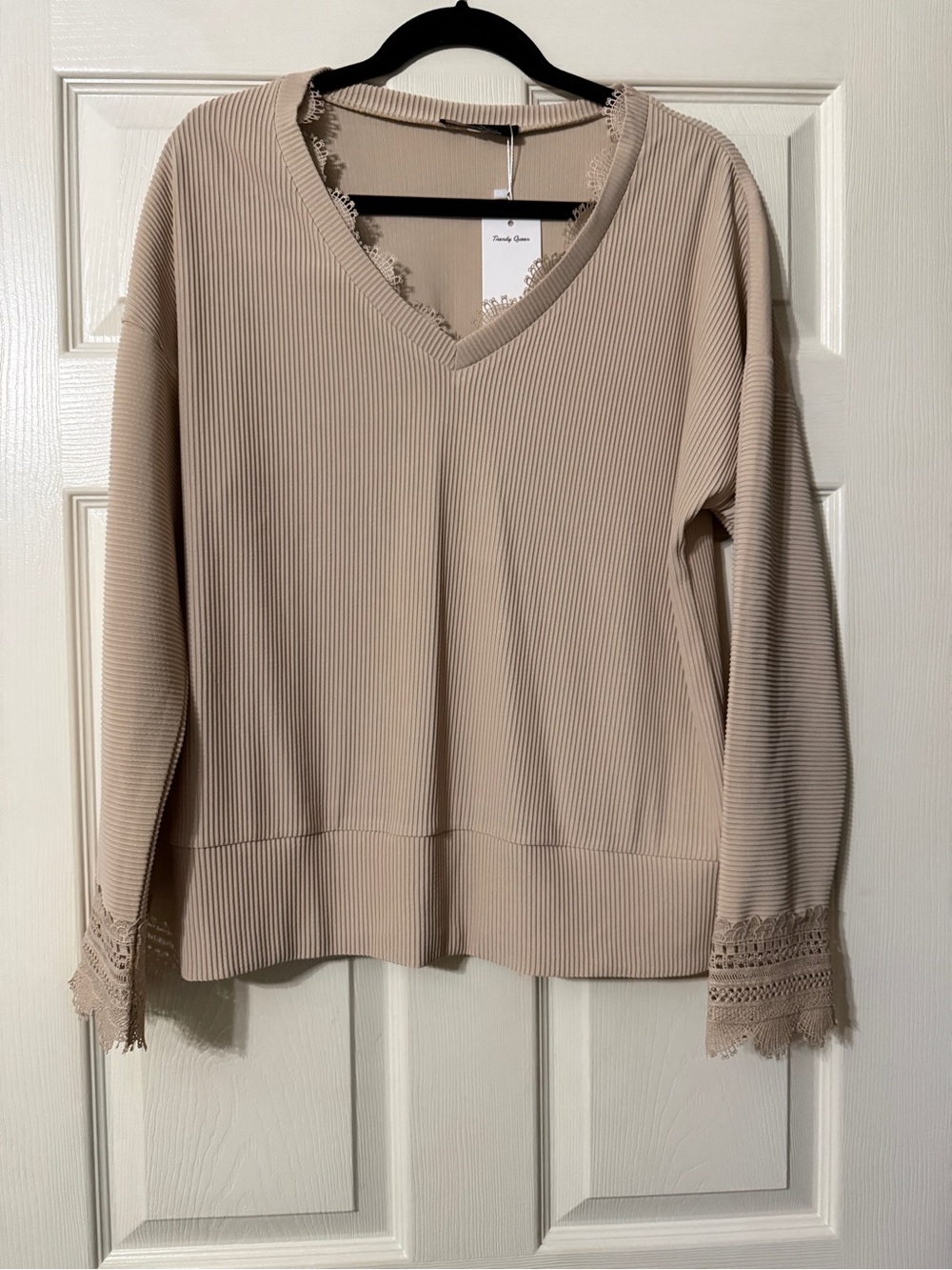 V-Neck Ribbed Lace-Trim Blouse - Beige